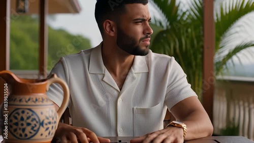 Impatient man checking wristwatch and mobile phone while waiting at an outdoor table, displaying frustration with lateness.