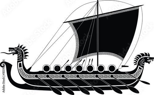 Black and white illustration of an ancient Greek warship with oars and sail vector