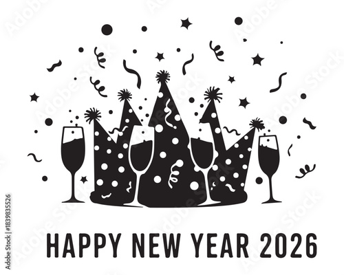 Happy new year 2026 celebration party, hats, champagne flutes, confetti Vector