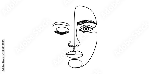 Minimalist one line drawing of a womans face with one eye open and one closed