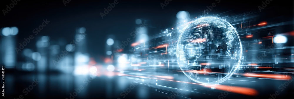 Fototapeta premium A complete neon sphere forged by computing rays echoing worldwide and the mind scan refines trust and value