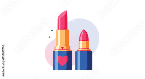 Two vibrant flat design lipsticks, one adorned with a heart, symbolizing beauty, makeup, and self-care.