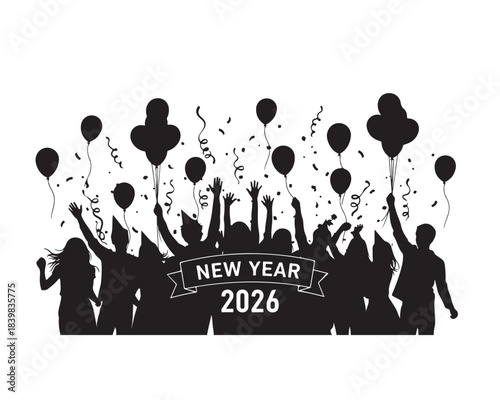 New year 2026 celebration party people silhouette with balloons and confetti Vector