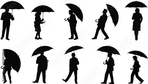 Diverse Silhouettes of People Holding Umbrellas in Different Poses on White Background vector illustration