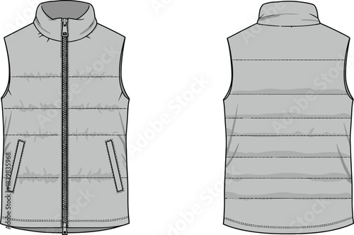 Puffer sleeveless vest front and back technical fashion sketch, warm quilted jacket design template, cad drawing flat vector illustration