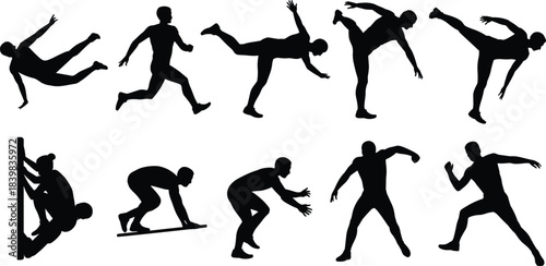 Dynamic Black Silhouettes of Athletes Performing Various Sports Actions on White Background human