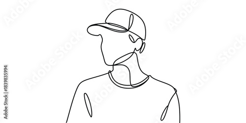 One line drawing of a young man wearing a baseball cap