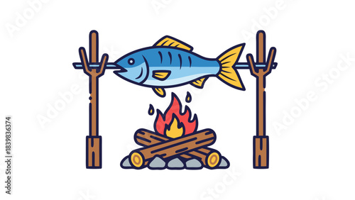 Pixel Art Style Grilled Fish Over Campfire Cooking outdoors over wooden logs and bright flames with two wooden spits holding the fish roasted food preparation for camping or wilderness survival