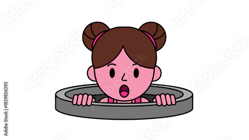Pixel Art Style Illustration of a Young Girl with Brown Hair in a Bun hairstyle peeking out of a Circular Opening with a Surprised Expression Against a Solid Black Background