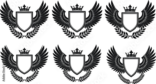 Set of classic black winged shield emblems with royal crowns, laurel wreaths, heraldic symbols, vintage coat of arms design elements, elegant badges, vector illustration collection