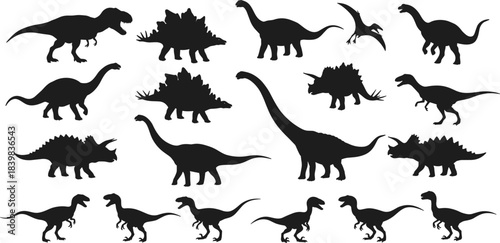 Set of dinosaur silhouettes vector illustration, prehistoric animal icons, black Jurassic creatures, ancient reptile graphic collection for design and print