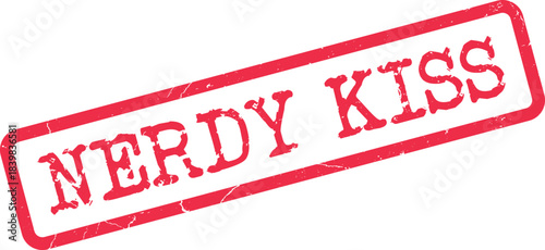 Authentic distressed red rubber stamp impression conveying the sentiment of a nerdy kiss