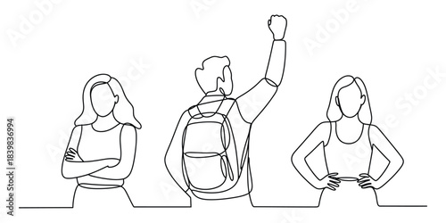 Group of people standing with one raising fist, continuous line art