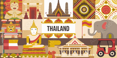 Colorful thai patterns landmarks and cultural symbols in a geometric design