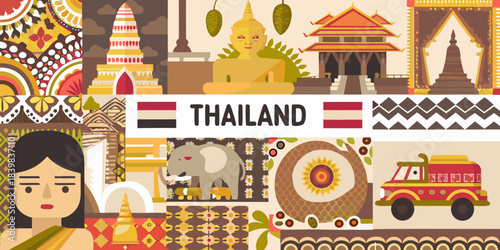 Illustrative collage showcasing iconic landmarks and cultural elements of thailand