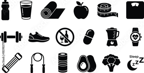 Health and fitness silhouette icon set. Diet food, gym workout equipment, and lifestyle symbols including weight scale vector collection.
