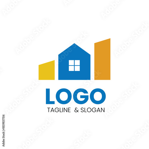 Modern real estate logo featuring a blue house with window and two golden building shapes. Suitable for property agencies, construction companies, mortgage services, realtors, architects, & corporates
