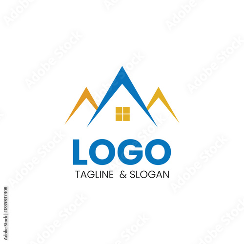 Modern real estate logo featuring a house with a window and stylized blue and gold roof peaks. Ideal for realtors, home builders, property agencies, construction companies, architects, professionals.