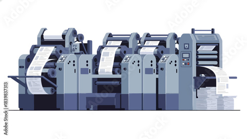 Industrial printing press machines on a white background