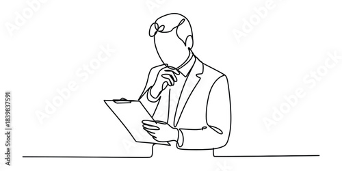 Businessman reading document on clipboard one line drawing