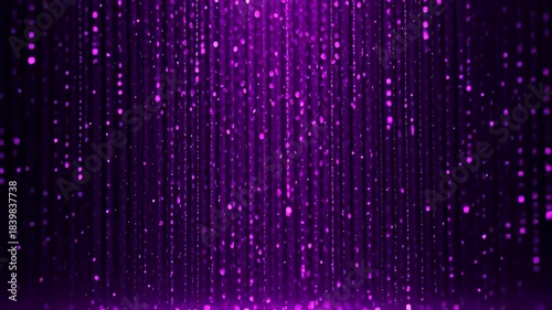 Shimmering purple and violet glitter particles falling like rain in an abstract seamless loop background, creating a magical luxury atmosphere.