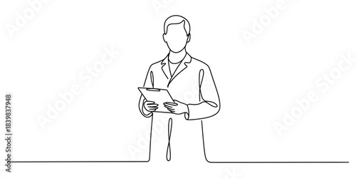 Continuous line drawing of doctor or scientist holding clipboard