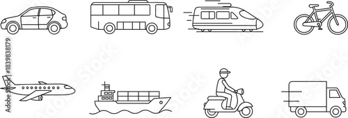 Transportation vehicles collection with car, bus, train, airplane, ship, truck, scooter, bicycle, delivery transport icons, cad drawing flat vector illustration