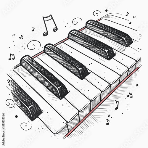 Piano keys illustration with musical notes in sketch style  