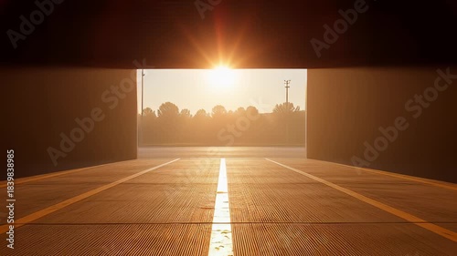 Dark industrial warehouse roller shutter opening to reveal bright golden sunlight in a cinematic 3D animation, symbolizing logistics, hope, and new business opportunities.