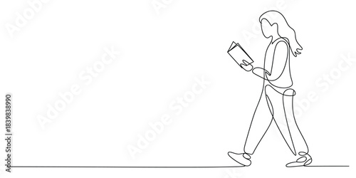 Woman walking and reading book continuous line art