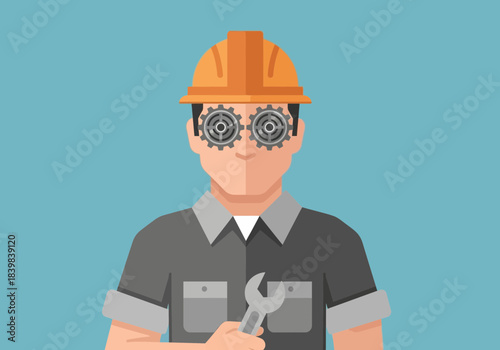 Worker with hard hat and gears in eyes holds wrench.