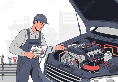 Mechanic inspects car engine with tablet in workshop.