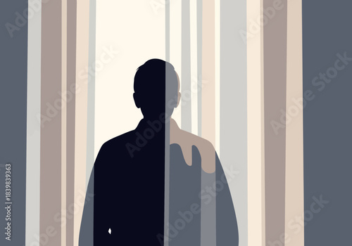 Silhouette of a person facing a bright, striped light source.