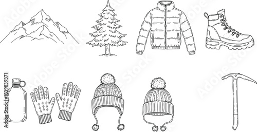 Winter mountain hiking equipment, warm clothes, boots, gloves, hats, ice axe, and nature elements, cad drawing flat vector illustration