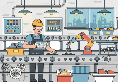 Worker supervises automated assembly line with robotic arm and conveyor belts.