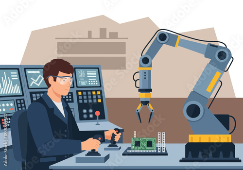 Man controls robotic arm assembling electronic components at a workstation.