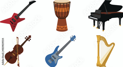 Musical Instruments Collection Vector Illustration - guitar, drum, piano, violin, bass
