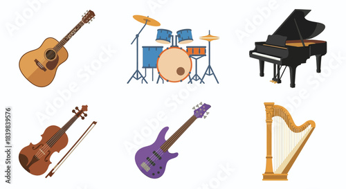 Musical Instruments Collection Vector Illustration - guitar, drum, piano, violin, bass