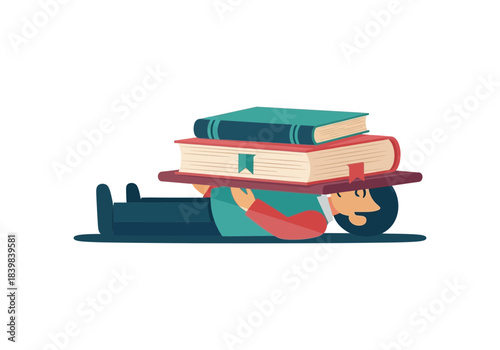 Person lying down crushed by a large stack of books.
