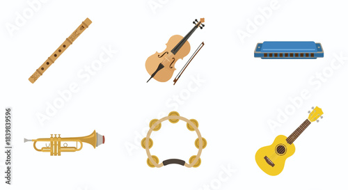 Musical Instruments Collection Vector Illustration - guitar, drum, piano, violin, bass