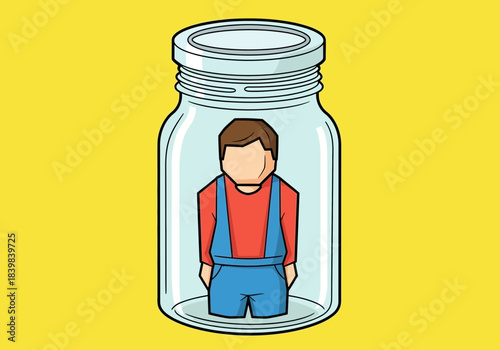 Man trapped inside a glass jar with a lid.