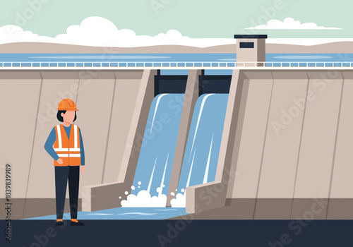 Worker stands near a large concrete dam with water flowing through gates.