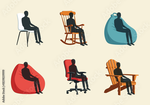 Silhouettes of people sitting in various chairs and beanbags.