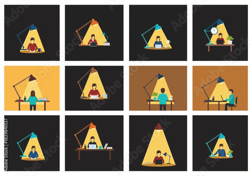 People working at desks under desk lamps in various poses.