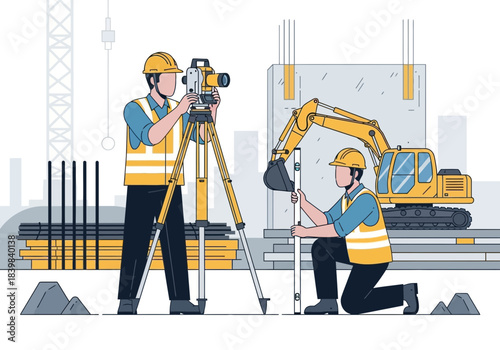 Surveyors use equipment at a construction site with an excavator.