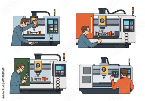 Men operate CNC machines for manufacturing and precision work.