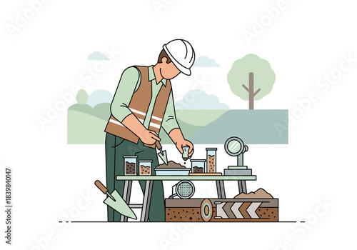 Man in hard hat examines soil samples with tools and equipment.