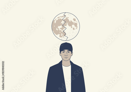 Man wearing a cap and jacket with a moon above his head.
