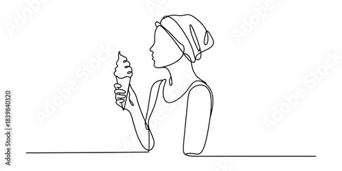 Woman in turban eating ice cream cone continuous line art