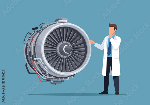 Scientist examines a large jet engine with intricate details and components.